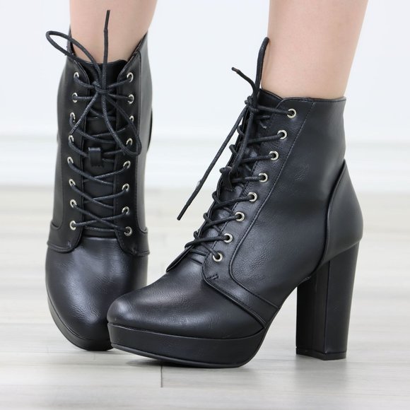 Shoes - Black Ankle Boots Chunky Lug Block Heel Synthetic Leather Round Toe